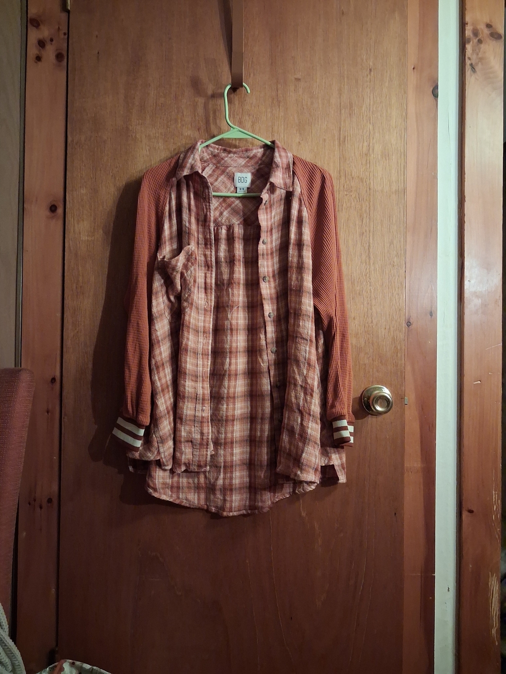 BDG Rust Plaid Button-Down Shirt with Textured Rust Sleeves